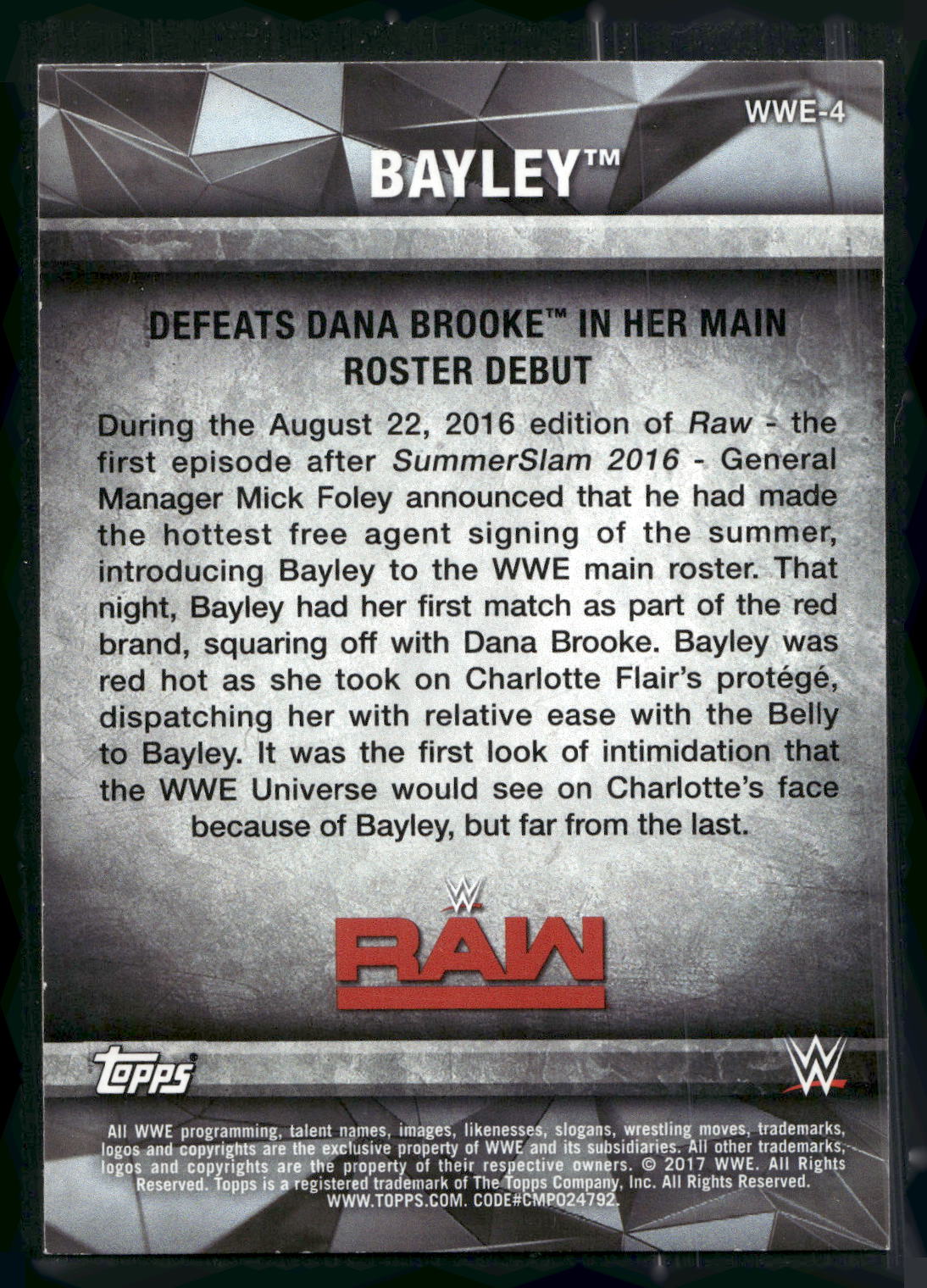 2017 Topps WWE Women's Division #WWE-4 Bayley WWE Matches and Moments
