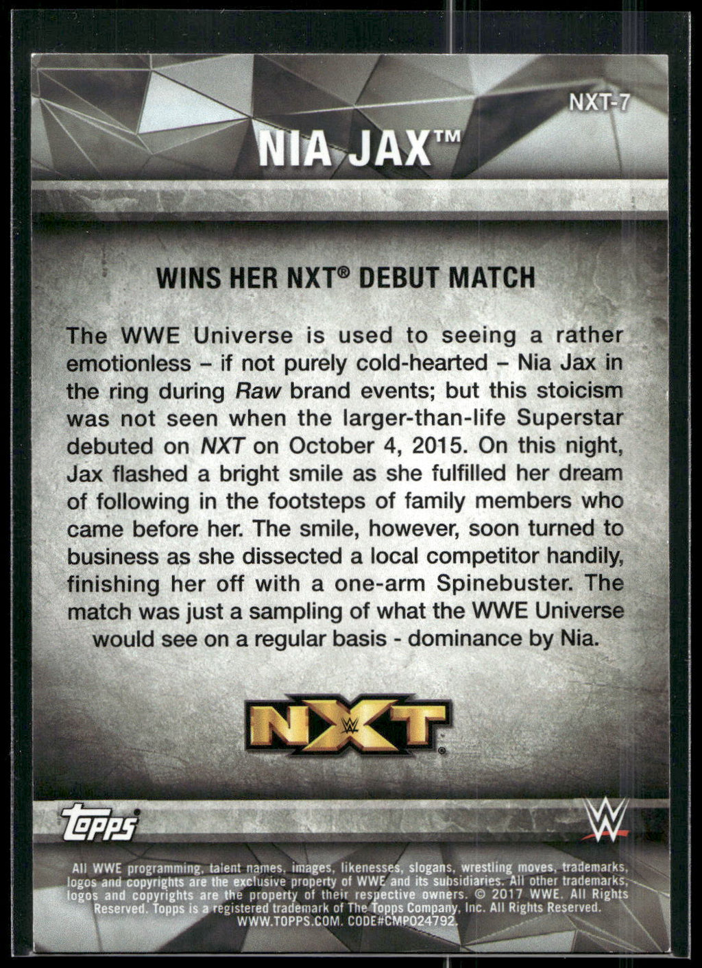 2017 Topps WWE Women's Division #NXT-7 Nia Jax NXT Matches and Moments