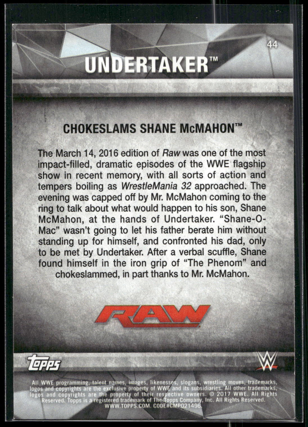 2017 Topps WWE Road To Wrestlemania #44 Undertaker