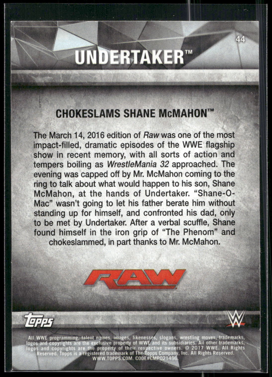 2017 Topps WWE Road To Wrestlemania #44 Undertaker