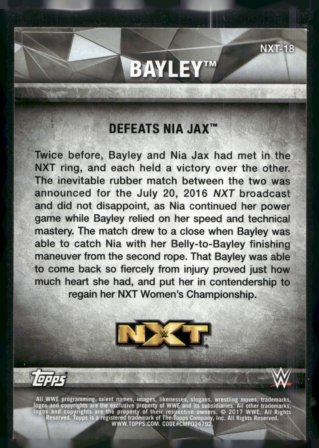 2017 Topps WWE Women's Division #NXT-18 Bayley NXT Matches and Moments