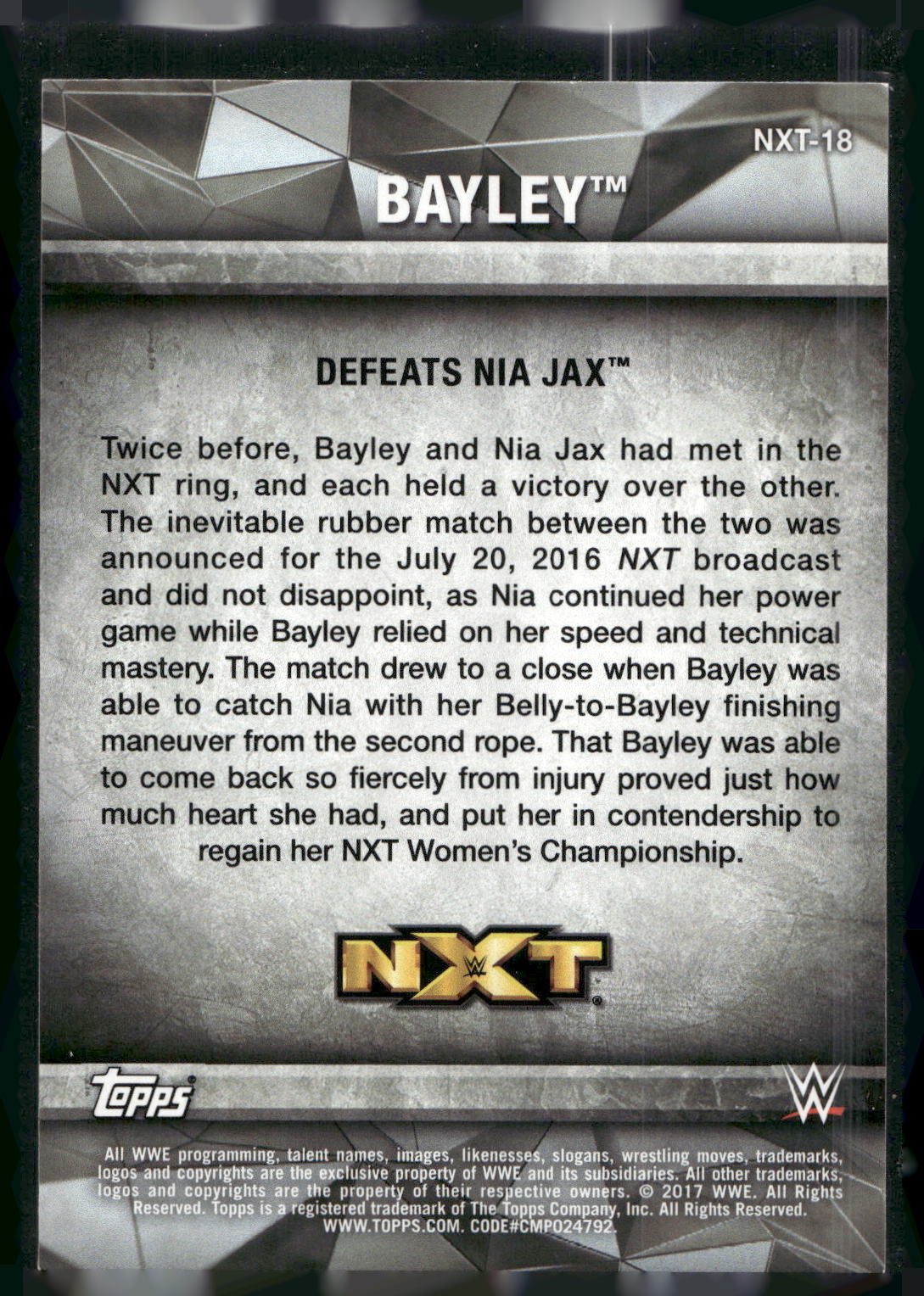 2017 Topps WWE Women's Division #NXT-18 Bayley NXT Matches and Moments