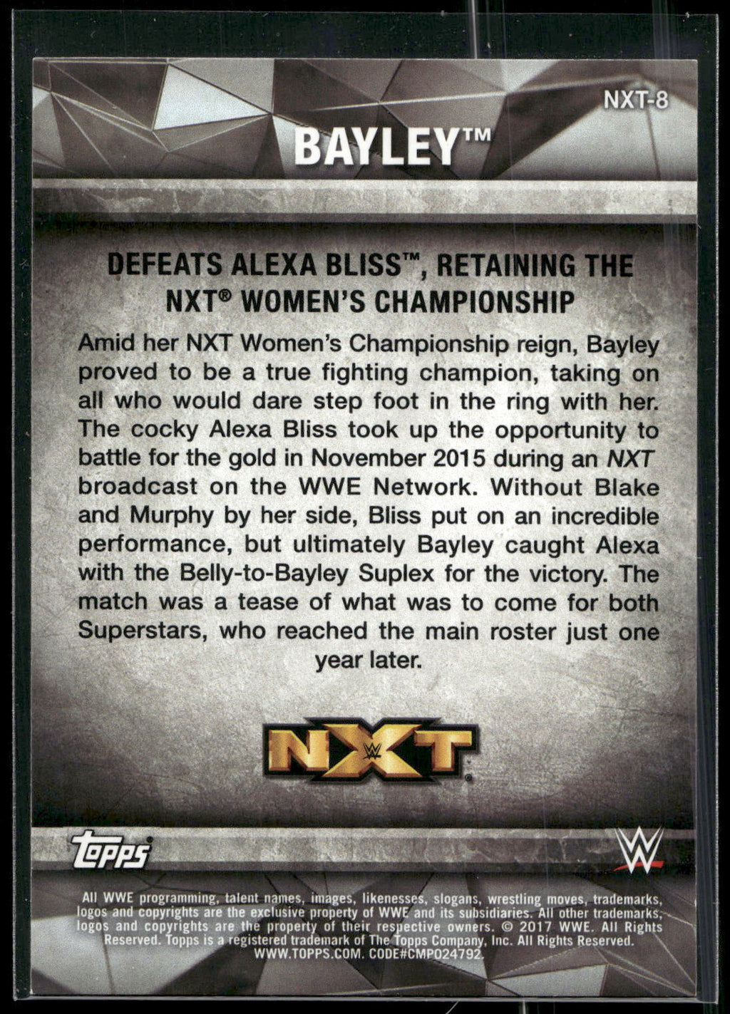 2017 Topps WWE Women's Division #NXT-8 Bayley NXT Matches and Moments