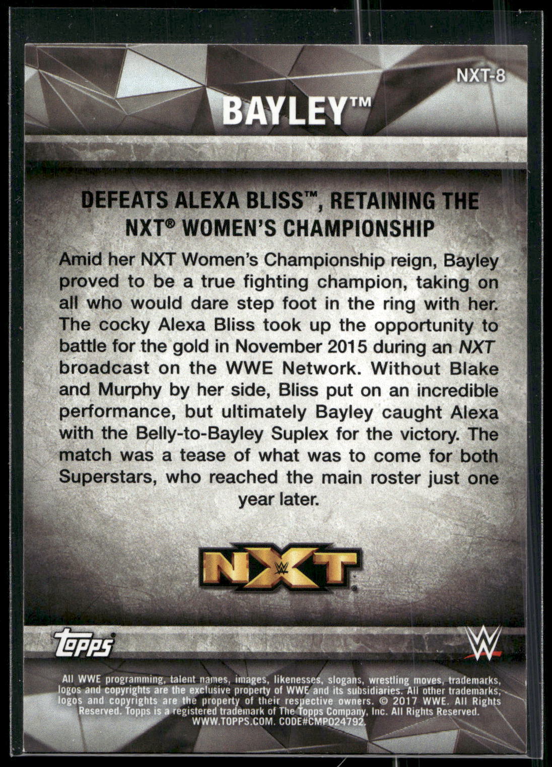 2017 Topps WWE Women's Division #NXT-8 Bayley NXT Matches and Moments