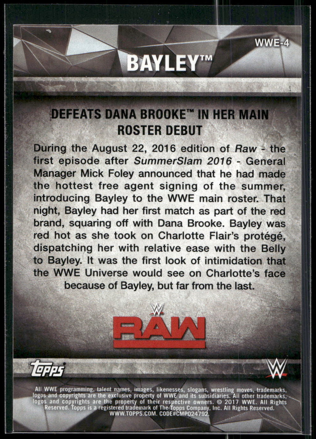 2017 Topps WWE Women's Division #WWE-4 Bayley WWE Matches and Moments