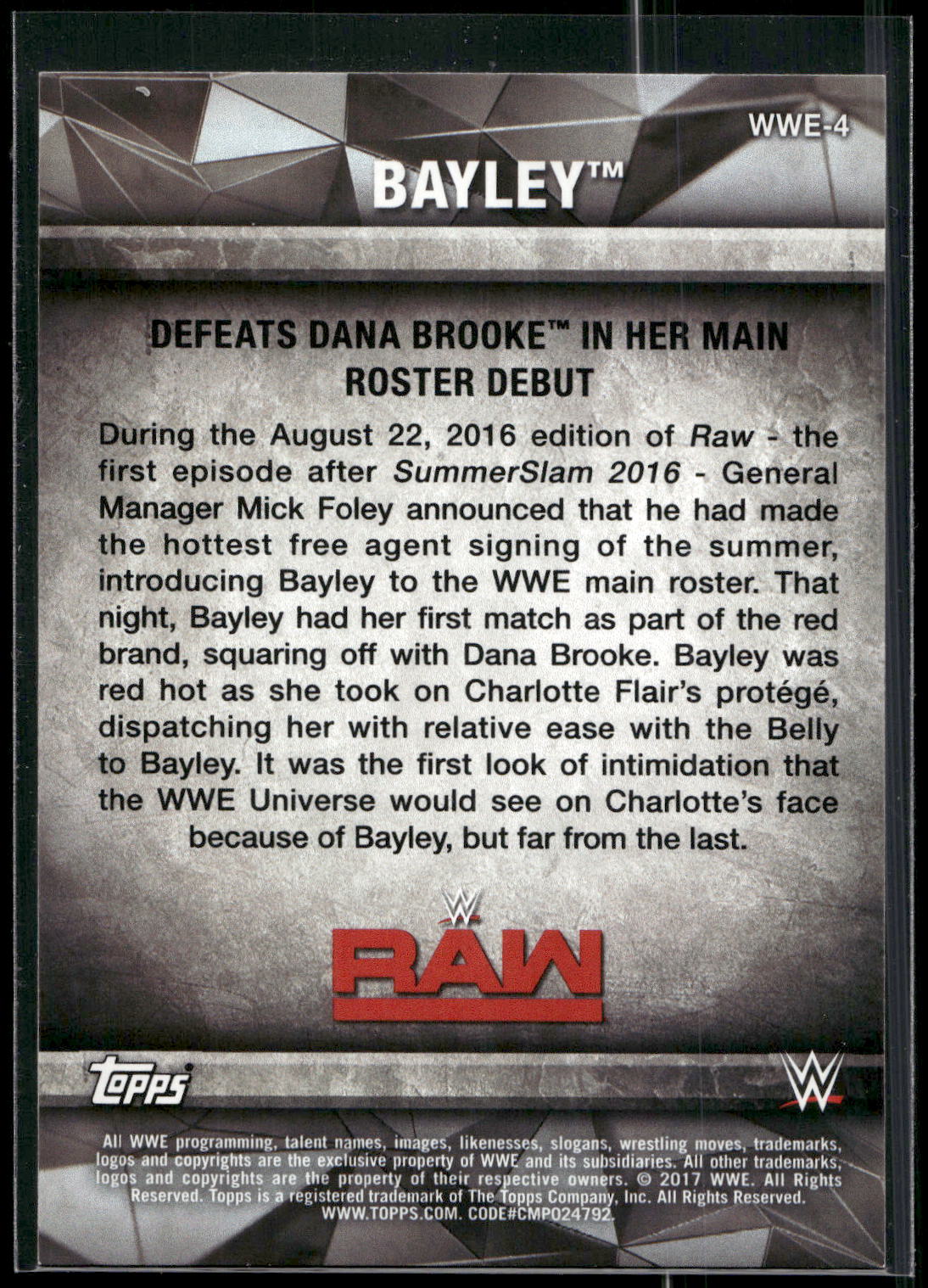 2017 Topps WWE Women's Division #WWE-4 Bayley WWE Matches and Moments