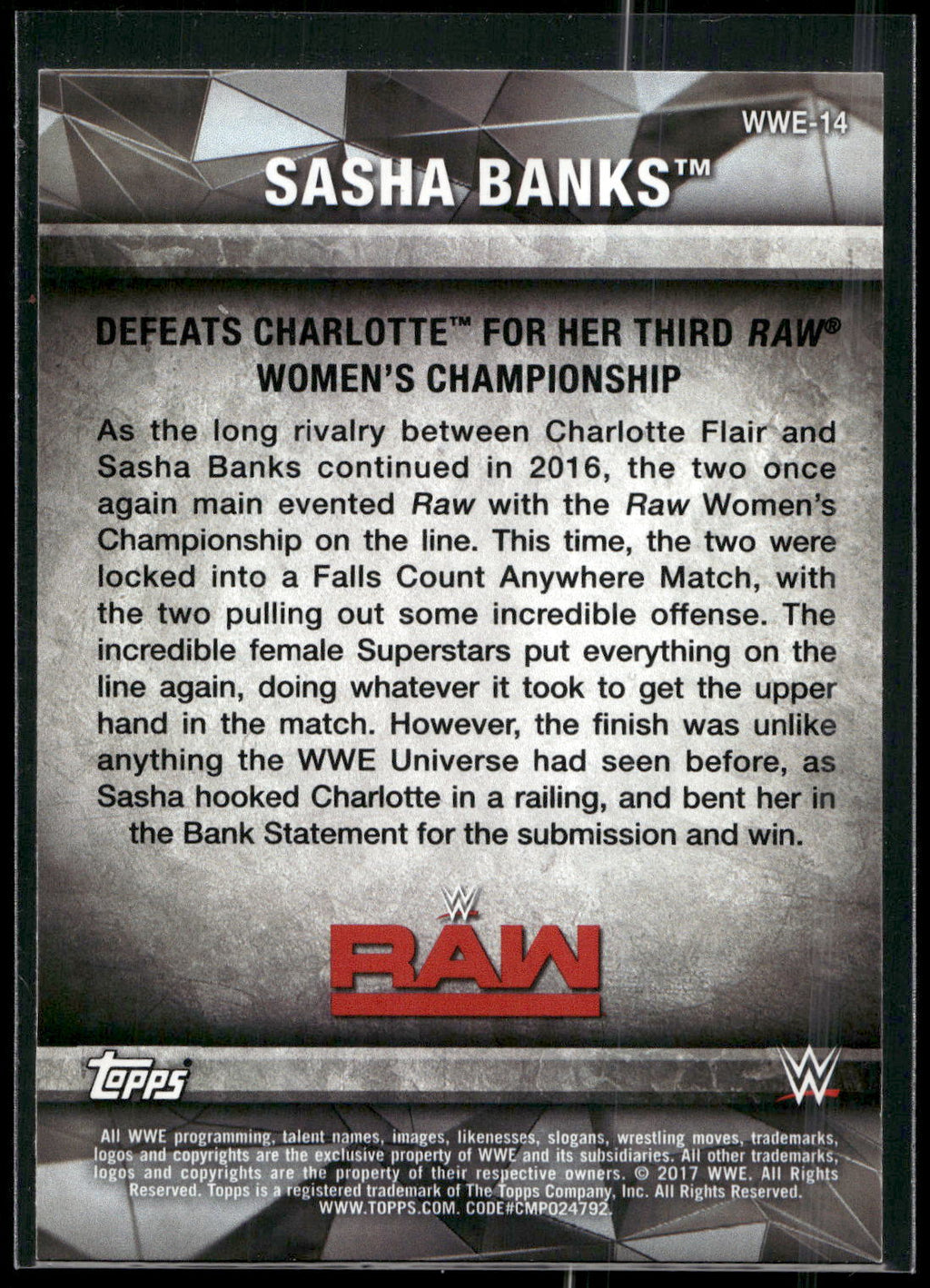 2017 Topps WWE Women's Division #WWE-14 Sasha Banks WWE Matches and Moments