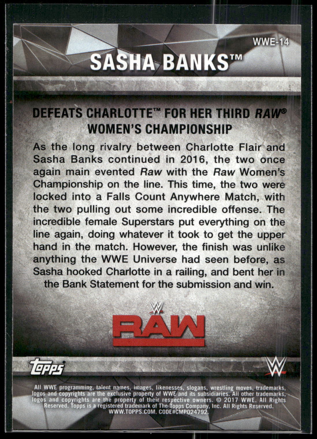 2017 Topps WWE Women's Division #WWE-14 Sasha Banks WWE Matches and Moments