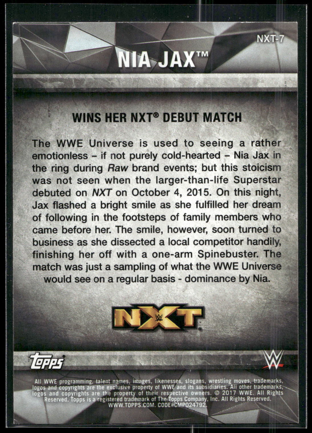 2017 Topps WWE Women's Division #NXT-7 Nia Jax NXT Matches and Moments