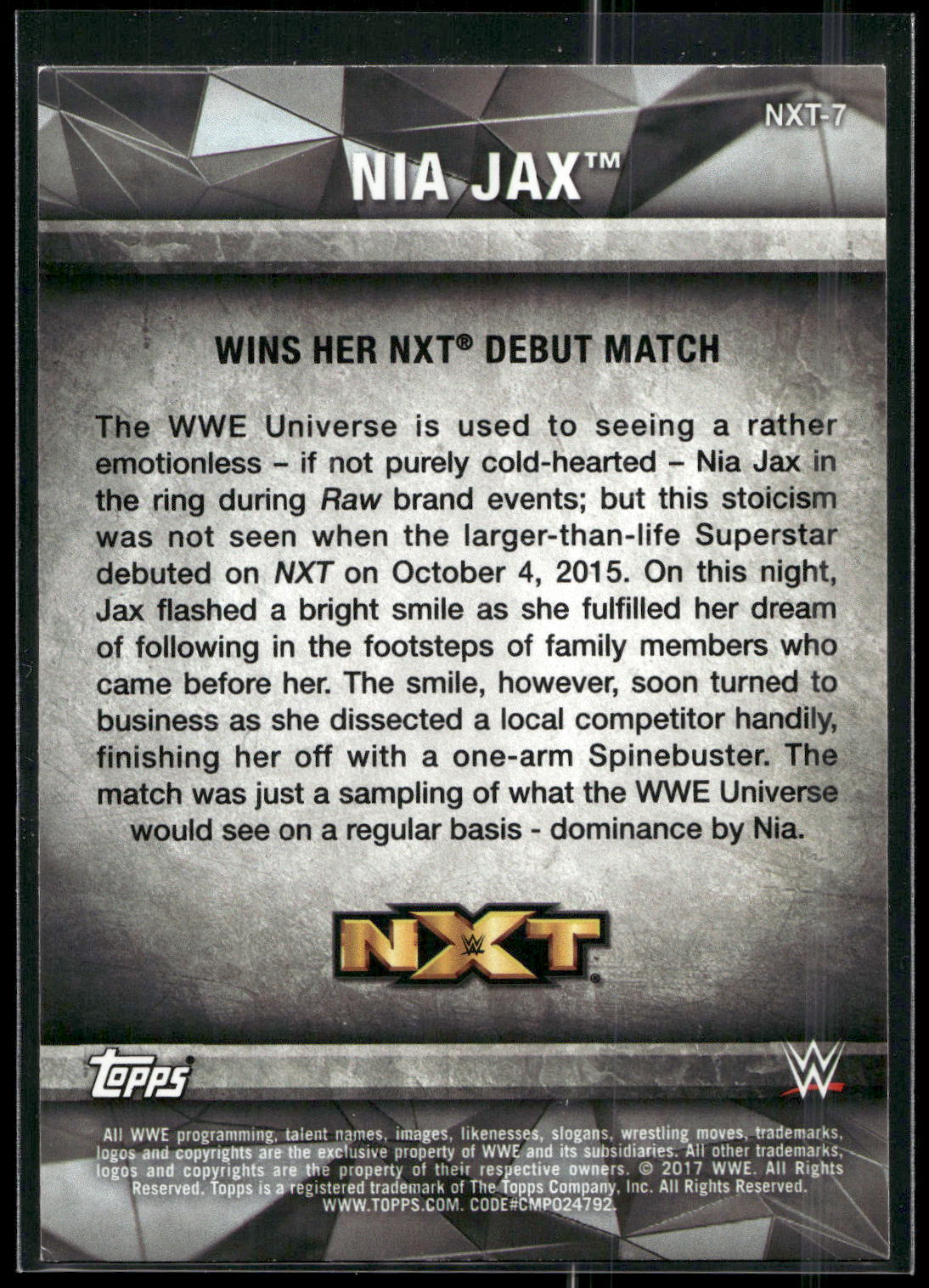 2017 Topps WWE Women's Division #NXT-7 Nia Jax NXT Matches and Moments