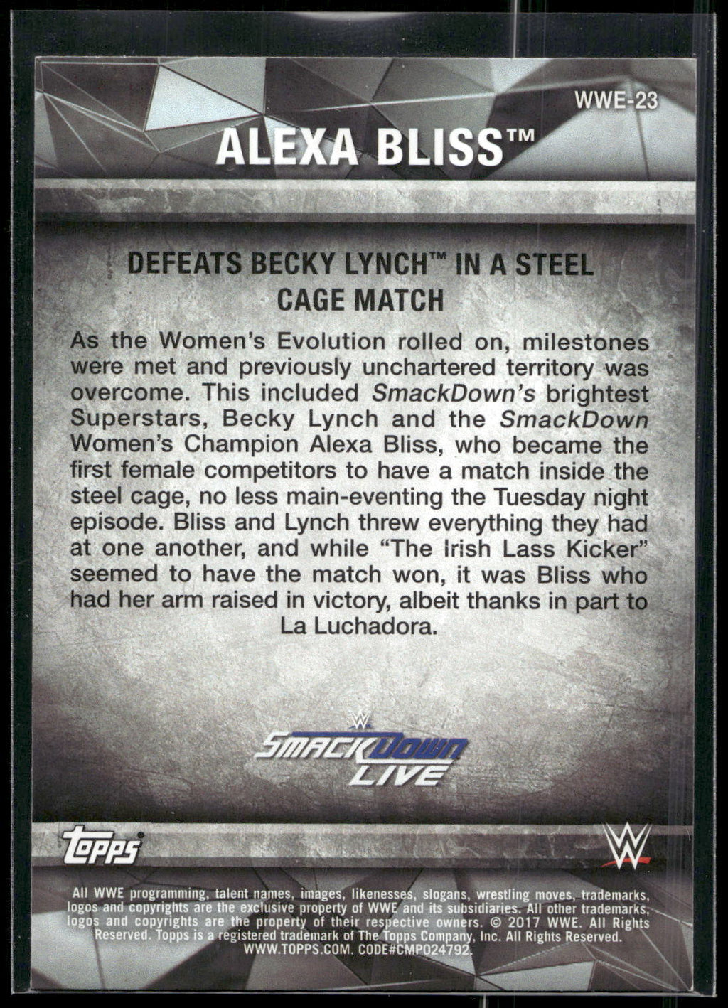 2017 Topps WWE Women's Division #WWE-23 Alexa Bliss WWE Matches and Moments