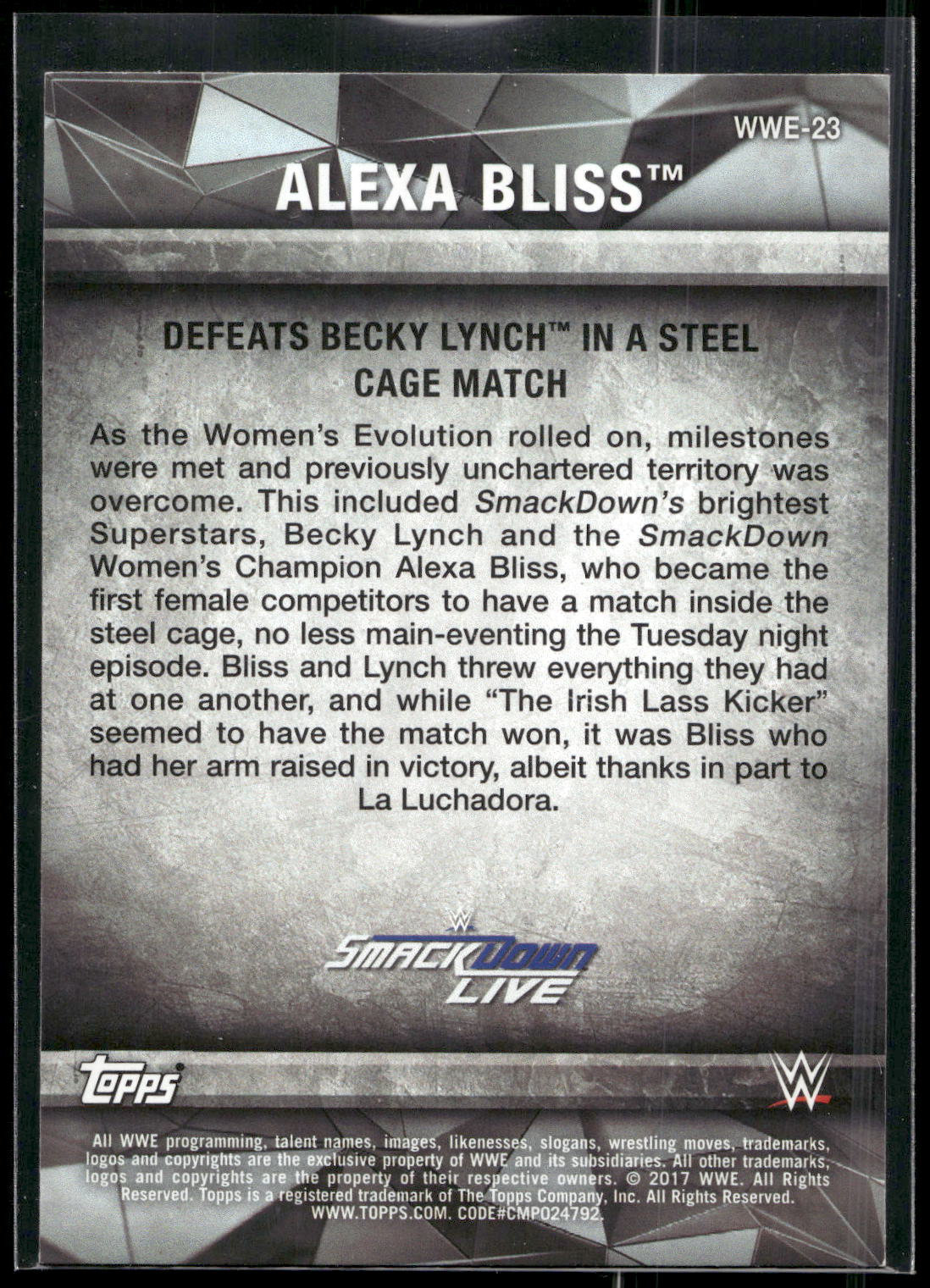 2017 Topps WWE Women's Division #WWE-23 Alexa Bliss WWE Matches and Moments