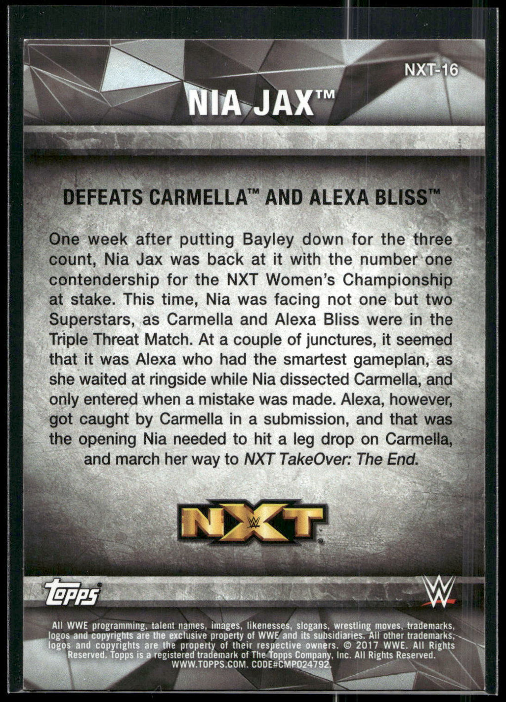 2017 Topps WWE Women's Division #NXT-16 Nia Jax NXT Matches and Moments
