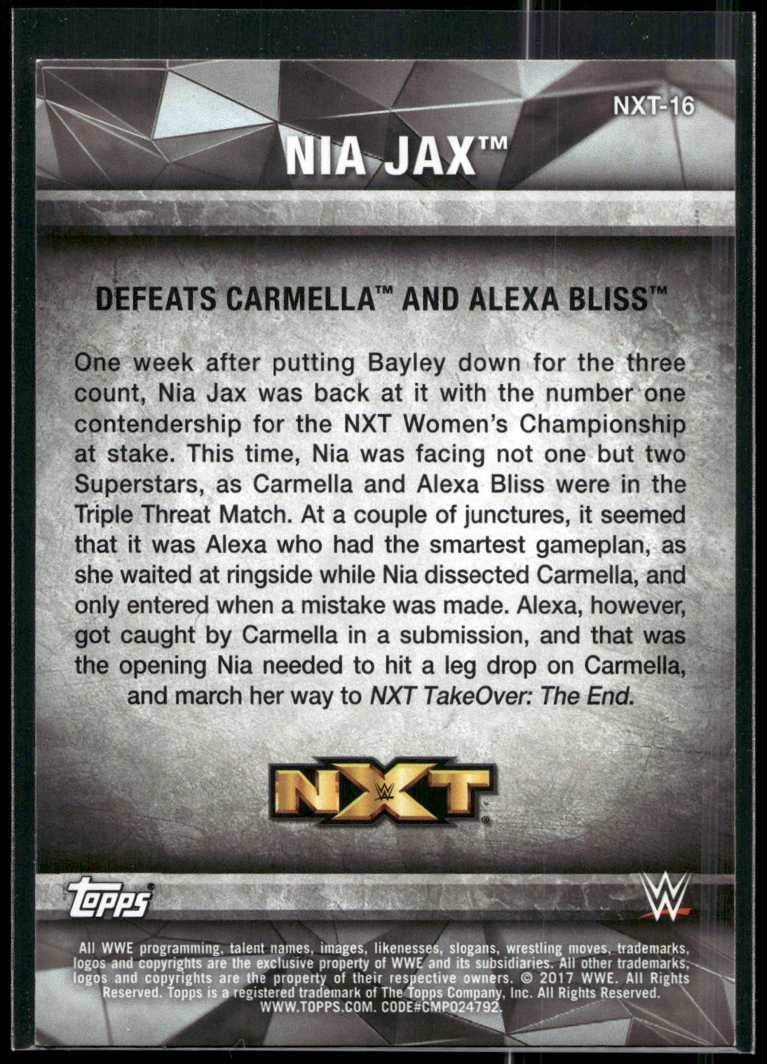 2017 Topps WWE Women's Division #NXT-16 Nia Jax NXT Matches and Moments