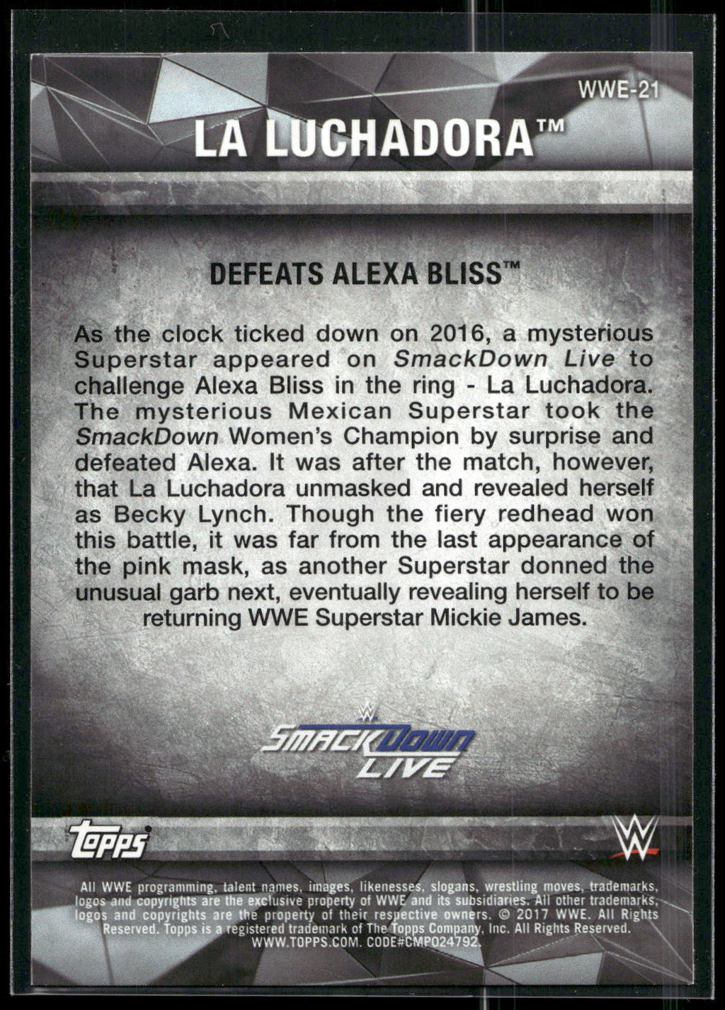 2017 Topps WWE Women's Division #WWE-21 La Luchadora WWE Matches and Moments