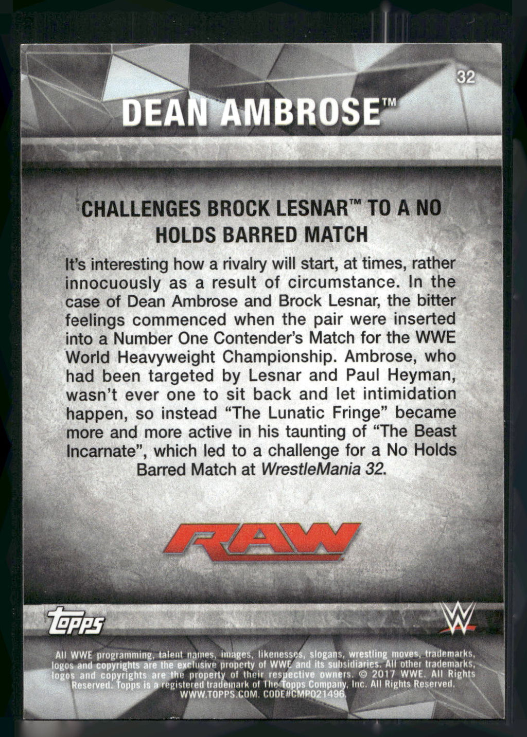 2017 Topps WWE Road To Wrestlemania #32 Dean Ambrose
