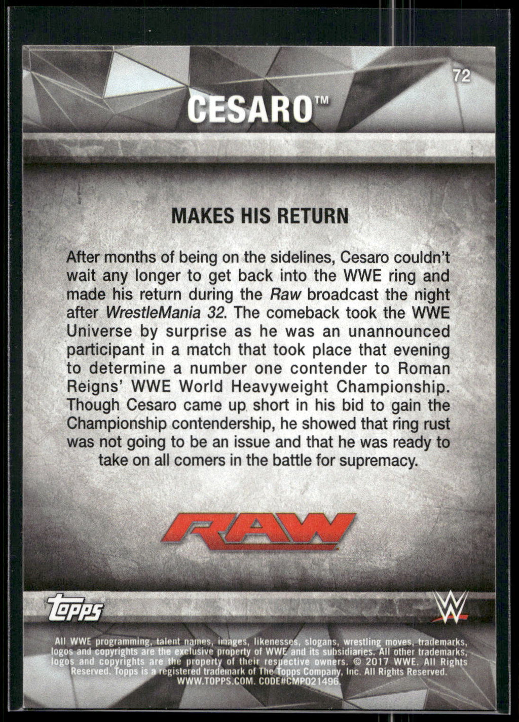 2017 Topps WWE Road To Wrestlemania #72 Cesaro