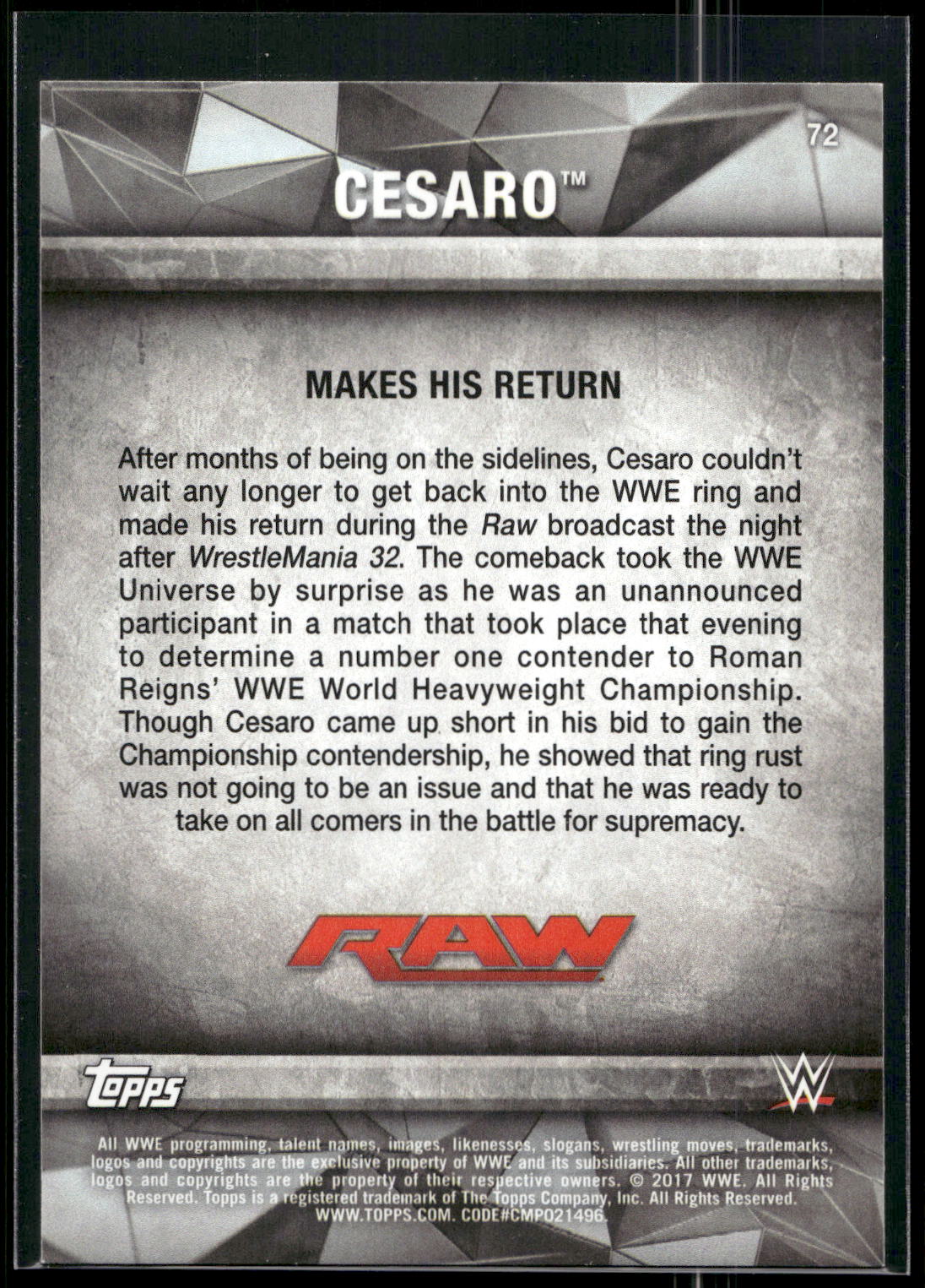 2017 Topps WWE Road To Wrestlemania #72 Cesaro