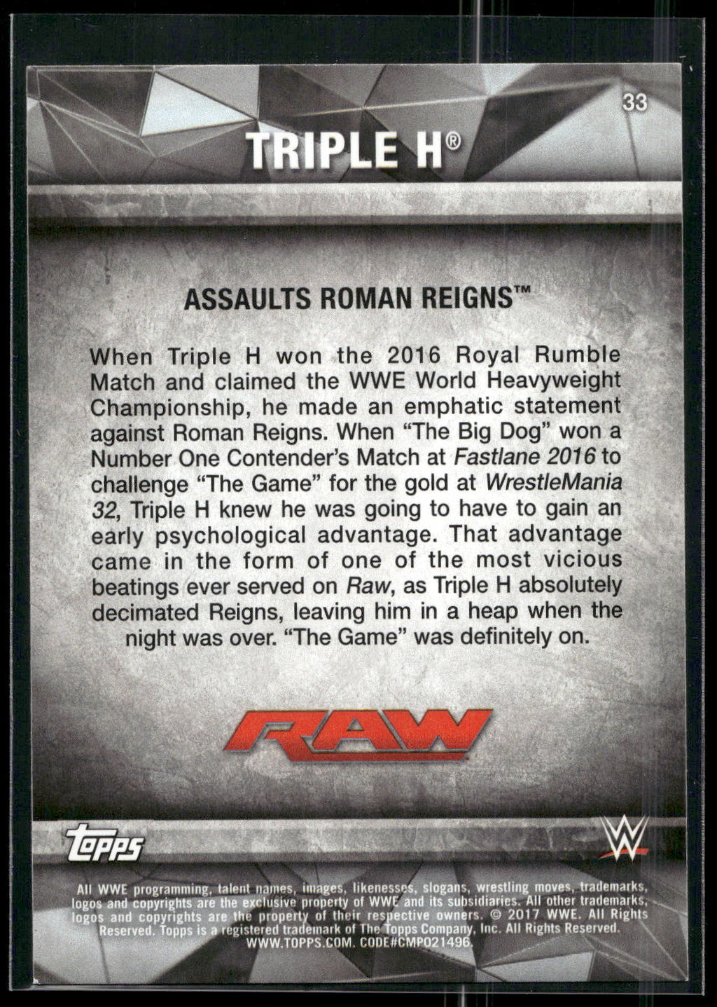 2017 Topps WWE Road To Wrestlemania #33 Triple H
