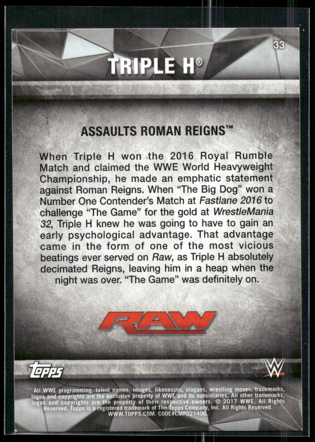 2017 Topps WWE Road To Wrestlemania #33 Triple H