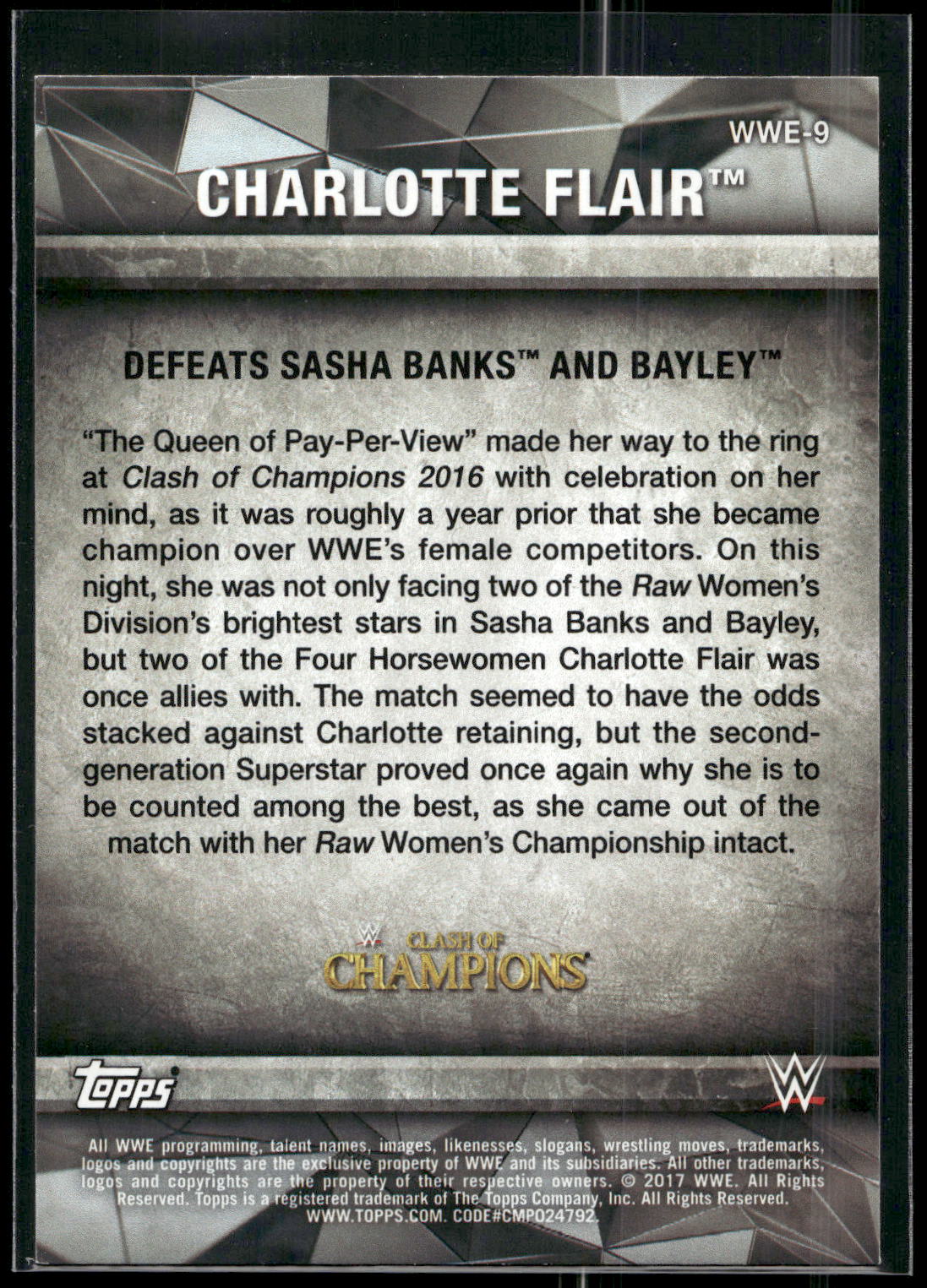 2017 Topps WWE Women's Division #WWE-9 Charlotte WWE Matches and Moments