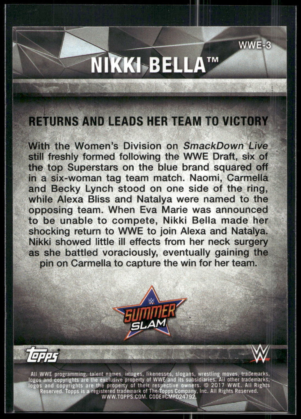 2017 Topps WWE Women's Division #WWE-3 Nikki Bella WWE Matches and Moments