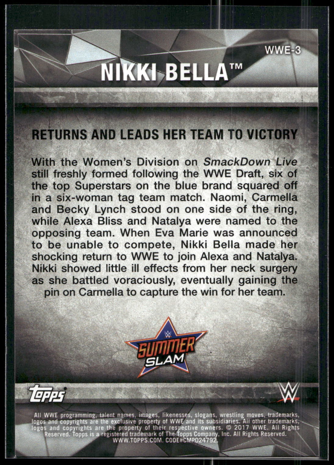2017 Topps WWE Women's Division #WWE-3 Nikki Bella WWE Matches and Moments