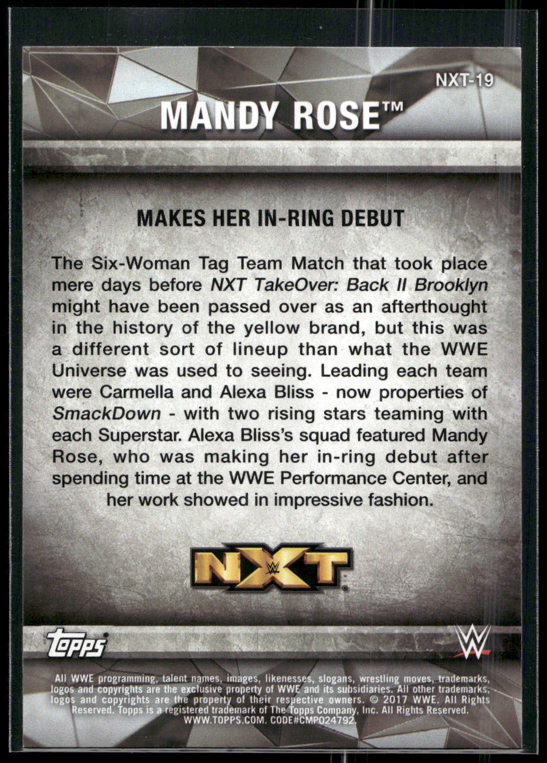 2017 Topps WWE Women's Division #NXT-19 Mandy Rose NXT Matches and Moments