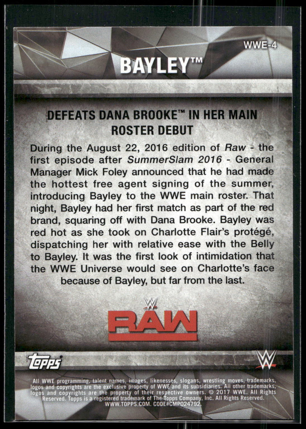 2017 Topps WWE Women's Division #WWE-4 Bayley WWE Matches and Moments