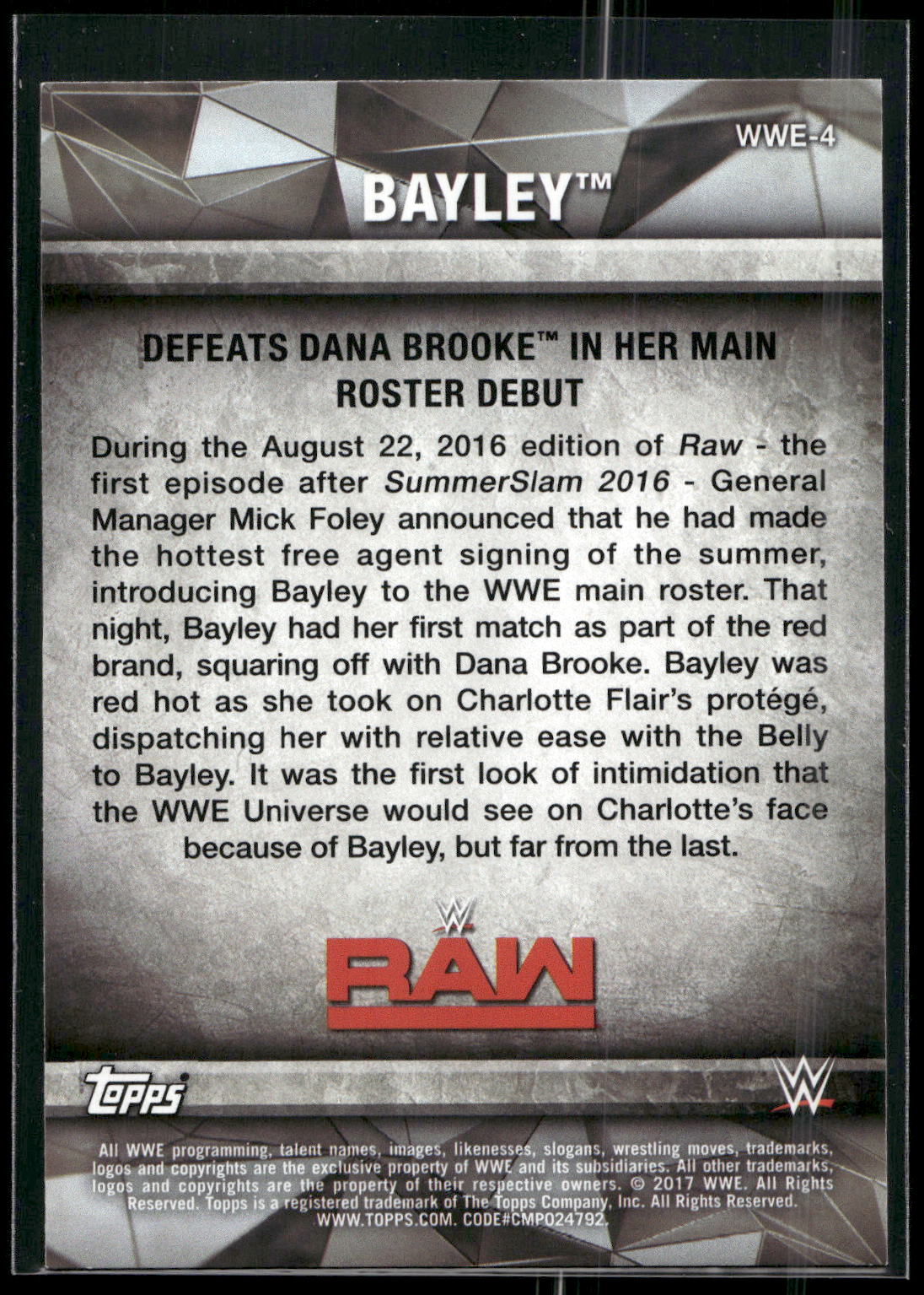 2017 Topps WWE Women's Division #WWE-4 Bayley WWE Matches and Moments