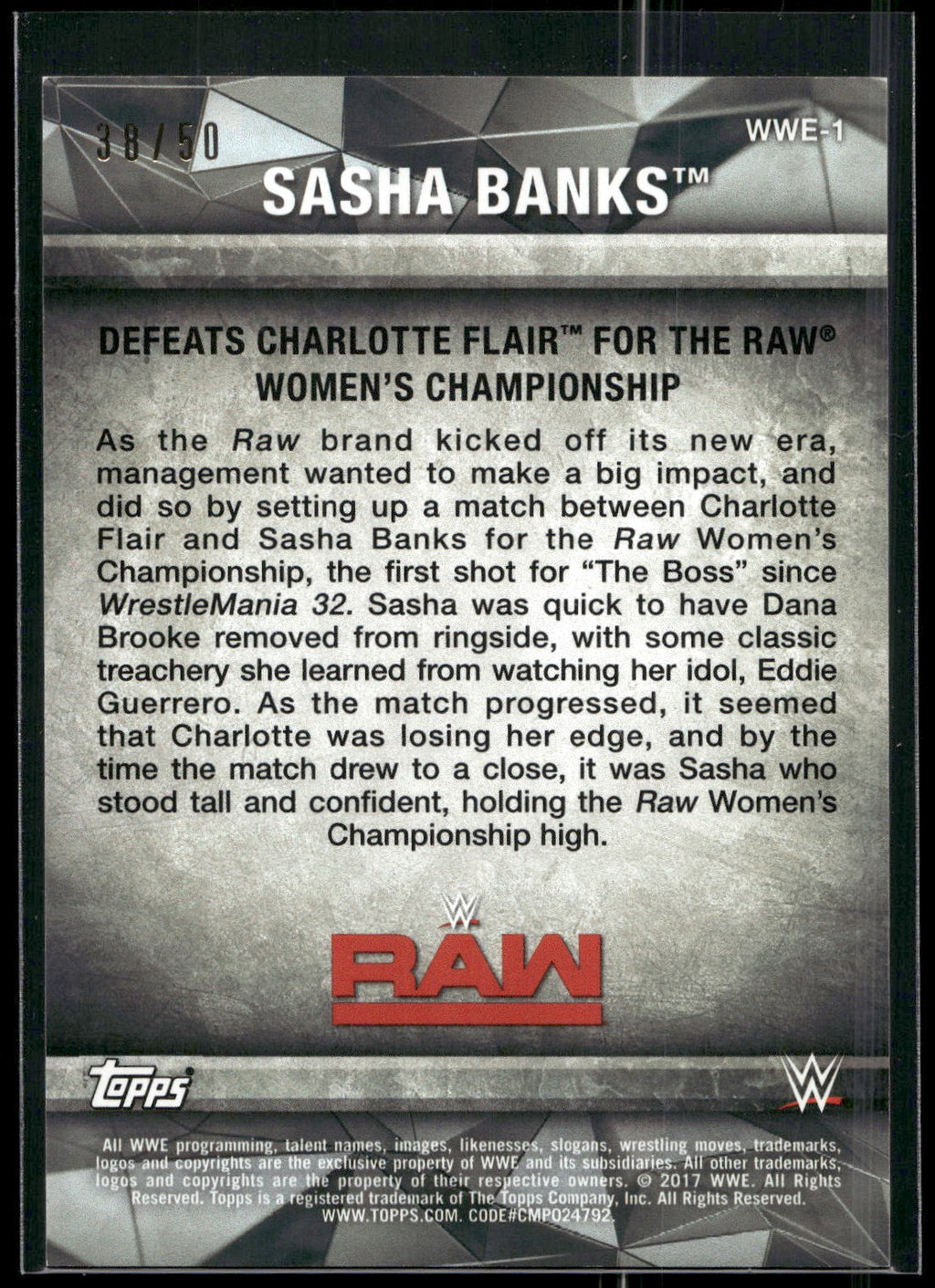 2017 Topps WWE Women's Division #WWE-1 Sasha Banks WWE Matches and Moments