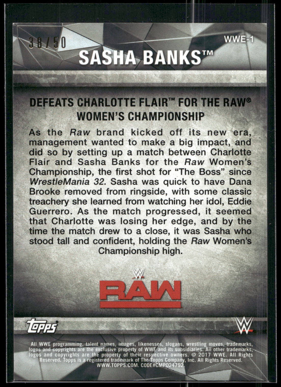 2017 Topps WWE Women's Division #WWE-1 Sasha Banks WWE Matches and Moments