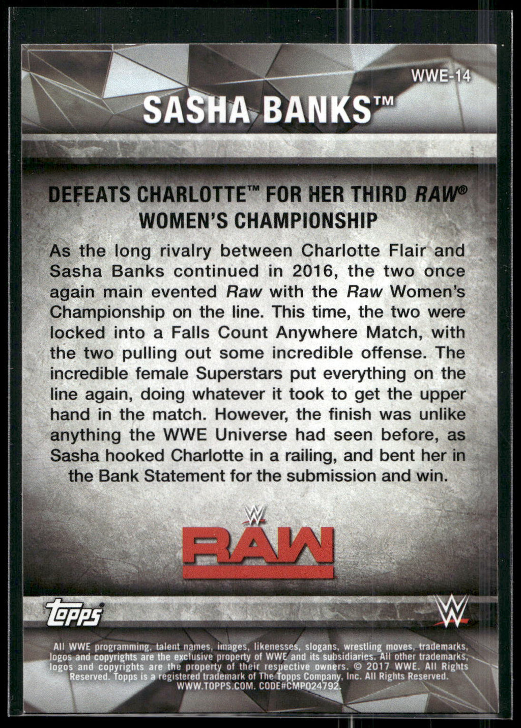 2017 Topps WWE Women's Division #WWE-14 Sasha Banks WWE Matches and Moments