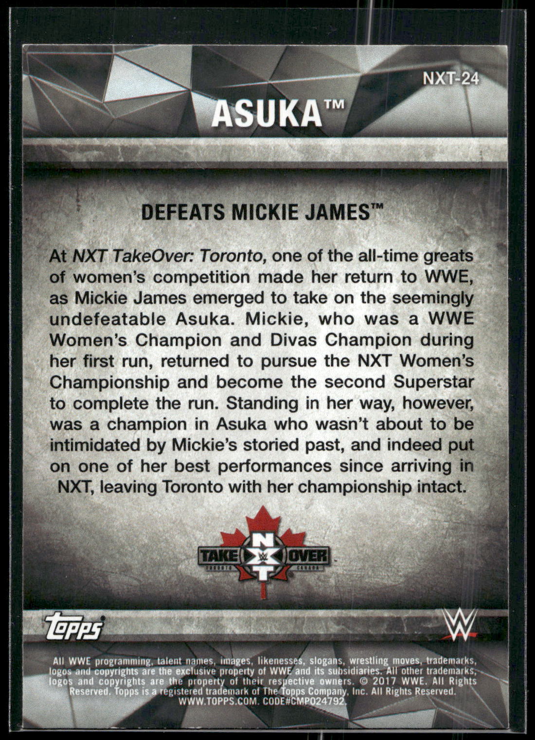 2017 Topps WWE Women's Division #NXT-24 Asuka NXT Matches and Moments