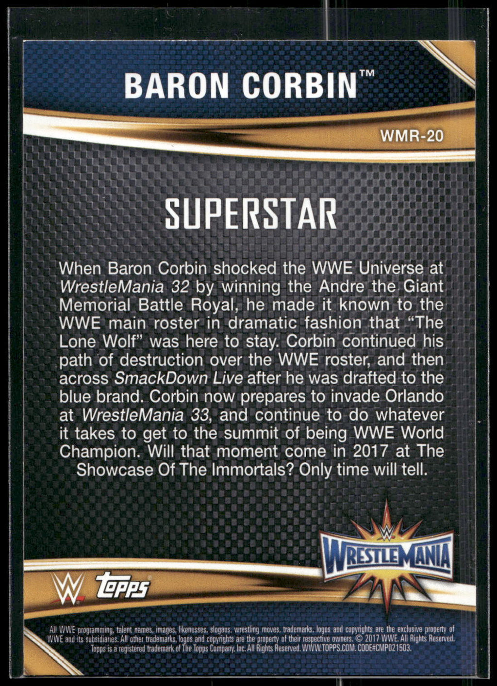 2017 Topps WWE Road To Wrestlemania #WMR-20 Baron Corbin WrestleMania 33 Roster