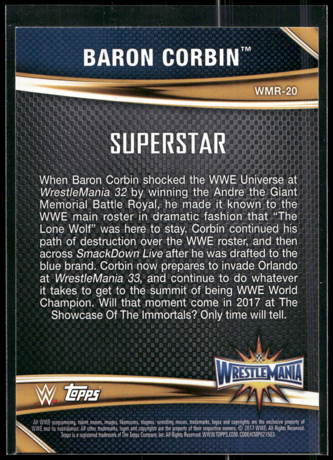 2017 Topps WWE Road To Wrestlemania #WMR-20 Baron Corbin WrestleMania 33 Roster