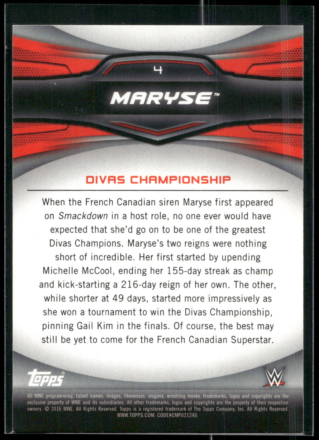 2016 Topps WWE Divas Revolution #4 Maryse Historic Women's Champions