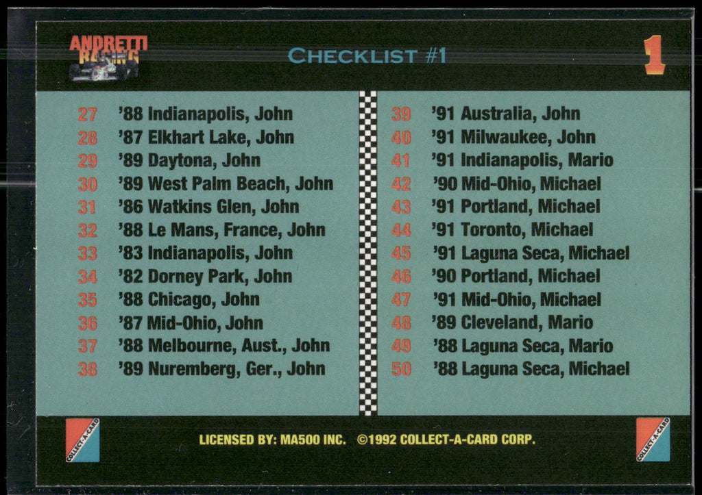 1992 Collect-a-Card Andretti Family Racing #1 Checklist #1