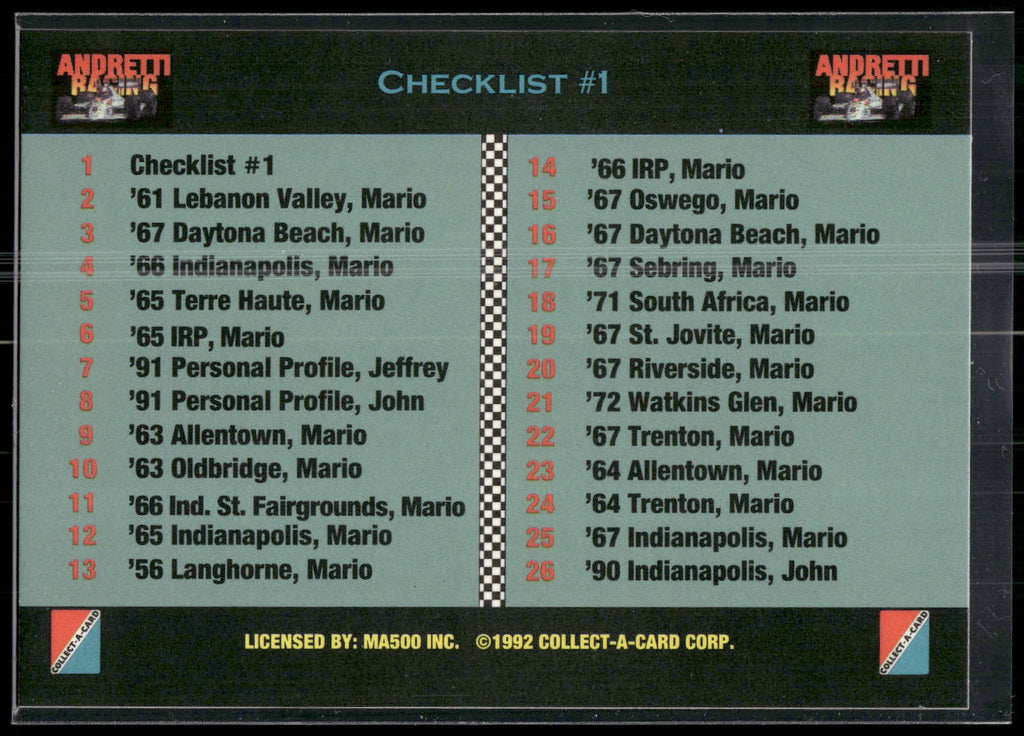 1992 Collect-a-Card Andretti Family Racing #1 Checklist #1