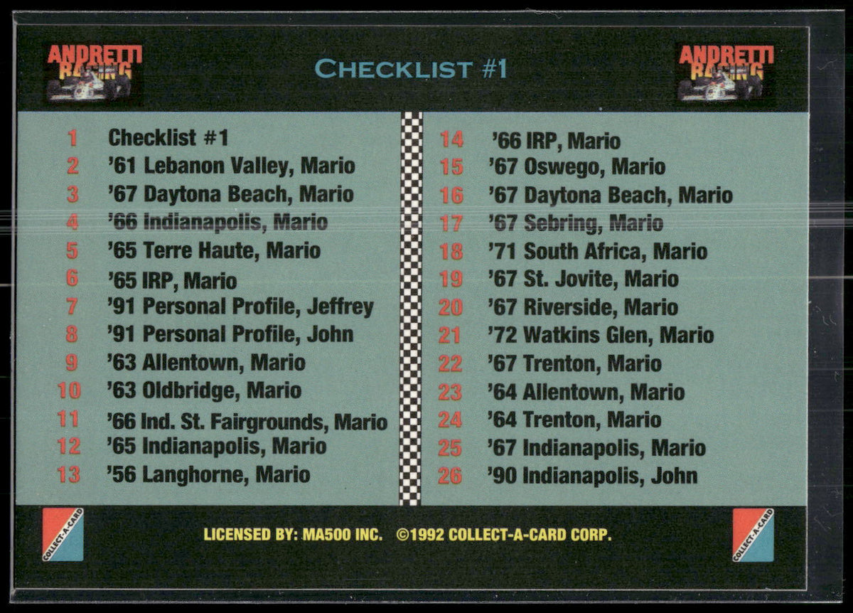 1992 Collect-a-Card Andretti Family Racing #1 Checklist #1
