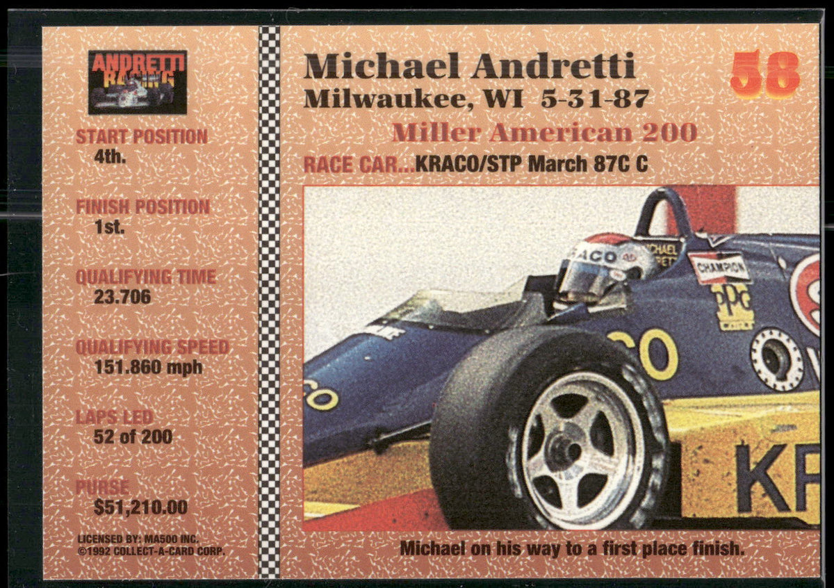 1992 Collect-a-Card Andretti Family Racing #58 1987 Michigan