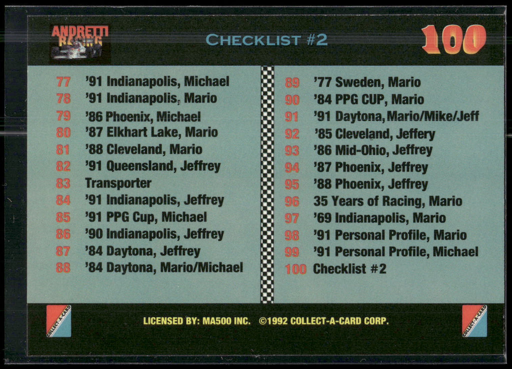 1992 Collect-a-Card Andretti Family Racing #100 Checklist #2