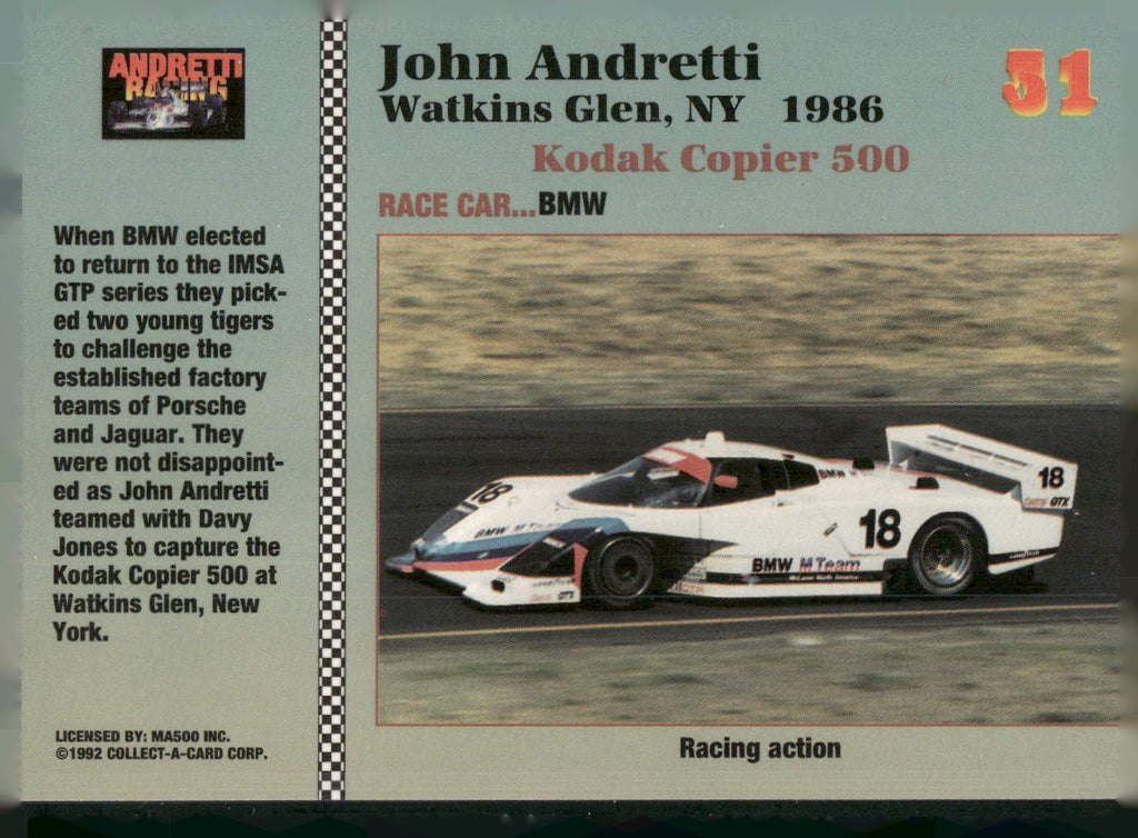 1992 Collect-a-Card Andretti Family Racing #31 1986 Watkins Glen