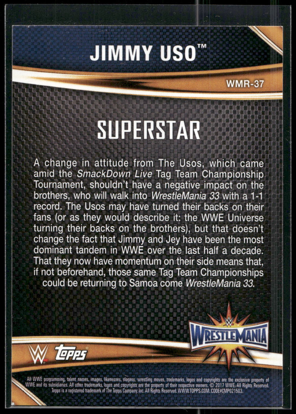 2017 Topps WWE Road To Wrestlemania #WMR-37 Jimmy Uso WrestleMania 33 Roster