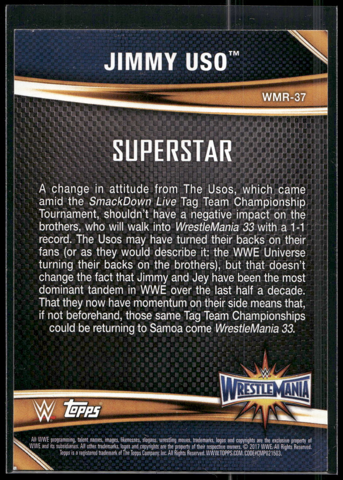 2017 Topps WWE Road To Wrestlemania #WMR-37 Jimmy Uso WrestleMania 33 Roster
