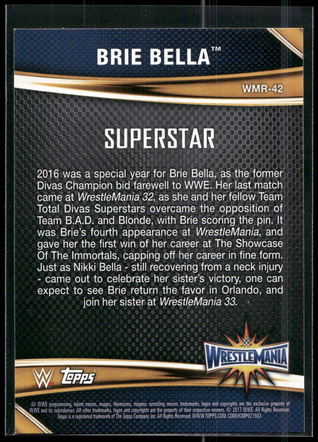 2017 Topps WWE Road To Wrestlemania #WMR-42 Brie Bella WrestleMania 33 Roster