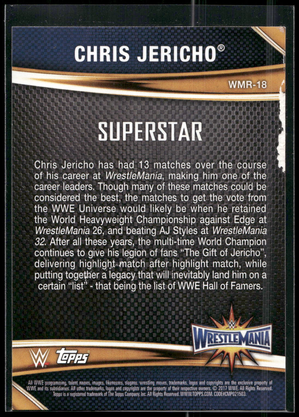 2017 Topps WWE Road To Wrestlemania #WMR-18 Chris Jericho WrestleMania 33 Roster