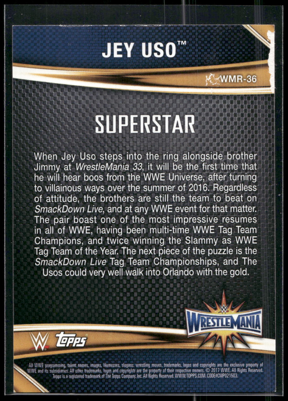 2017 Topps WWE Road To Wrestlemania #WMR-36 Jey Uso WrestleMania 33 Roster