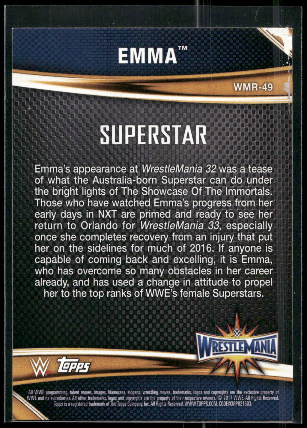 2017 Topps WWE Road To Wrestlemania #WMR-49 Emma WrestleMania 33 Roster