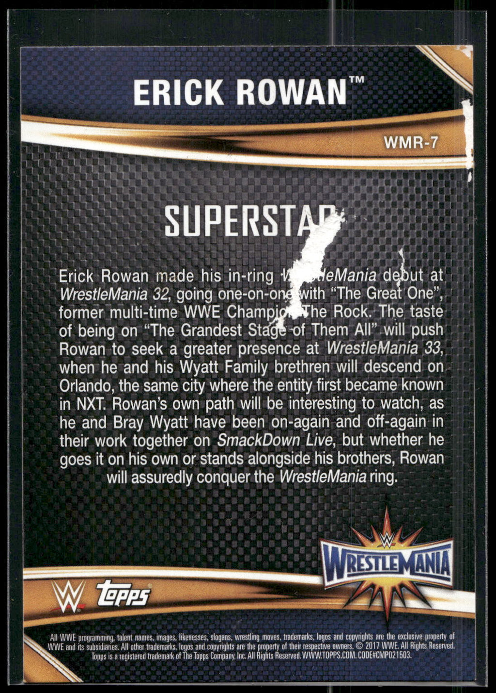 2017 Topps WWE Road To Wrestlemania #WMR-7 Erick Rowan WrestleMania 33 Roster
